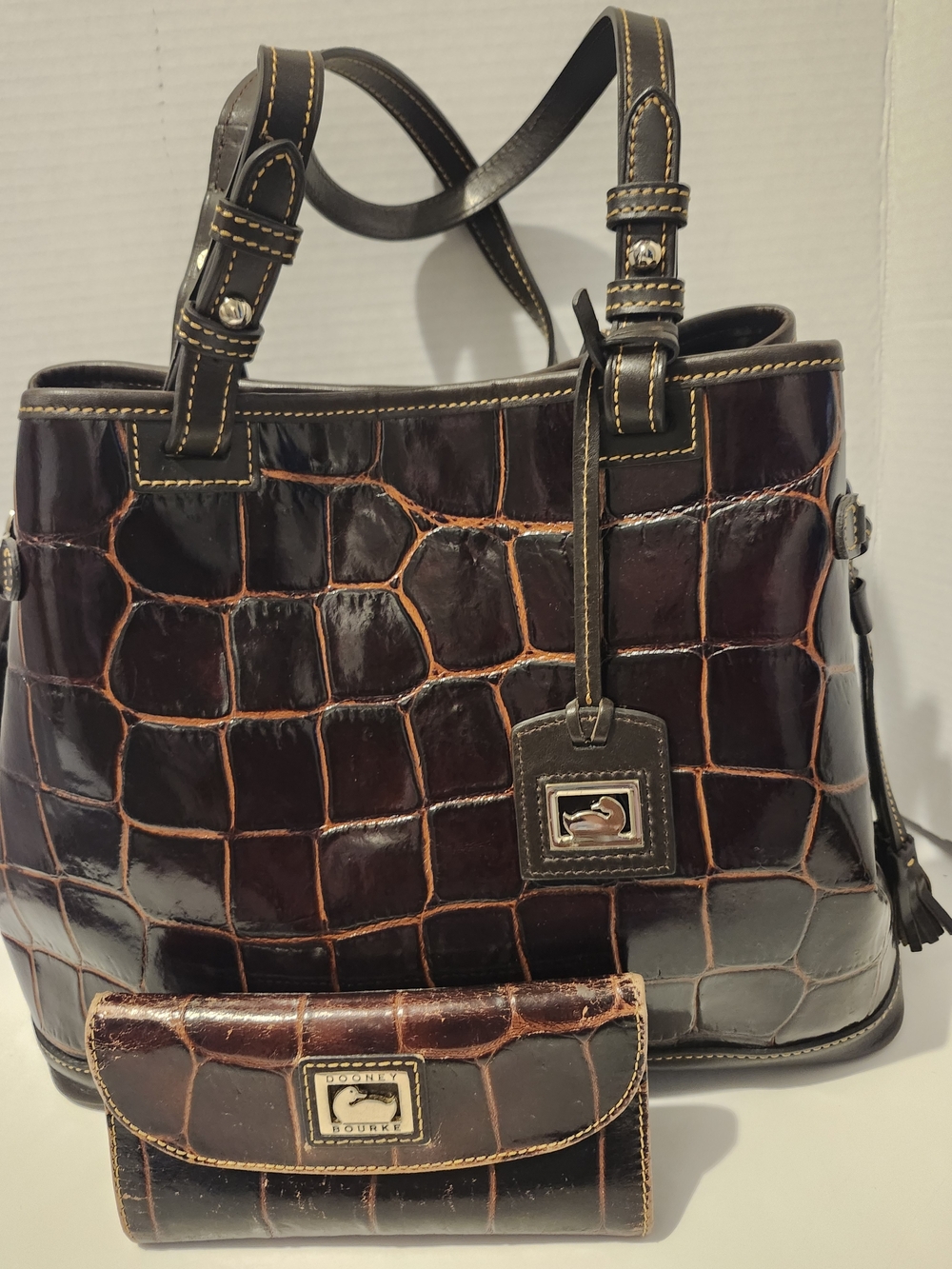 Dooney & Bourke Brown Croc-Embossed Leather Tote with Wallet